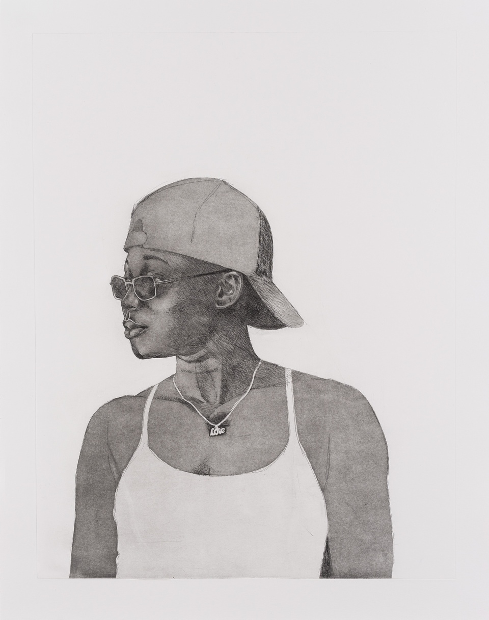 etching of a woman in a tank top wearing a baseball cap backwards