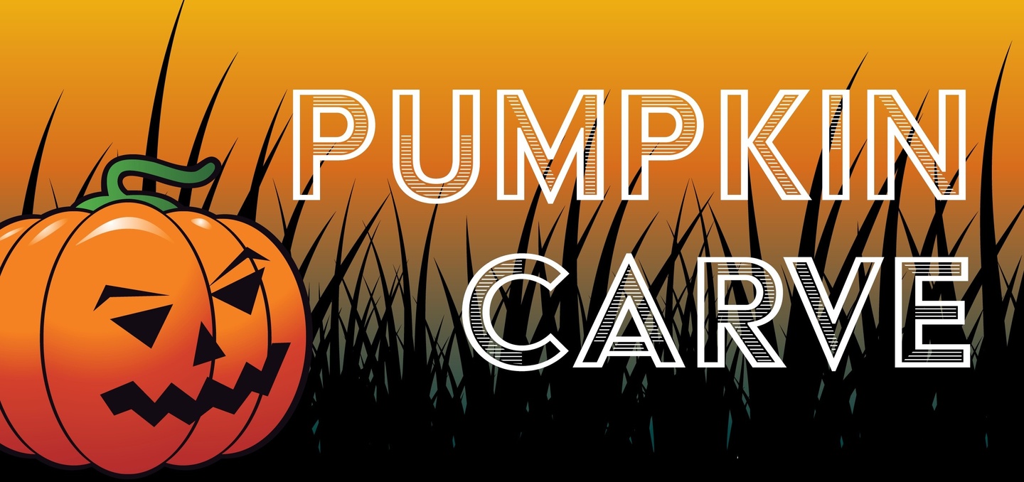 Graphic featuring a jack-o-lantern to the left of the words Pumpkin Carve in outlined letters.