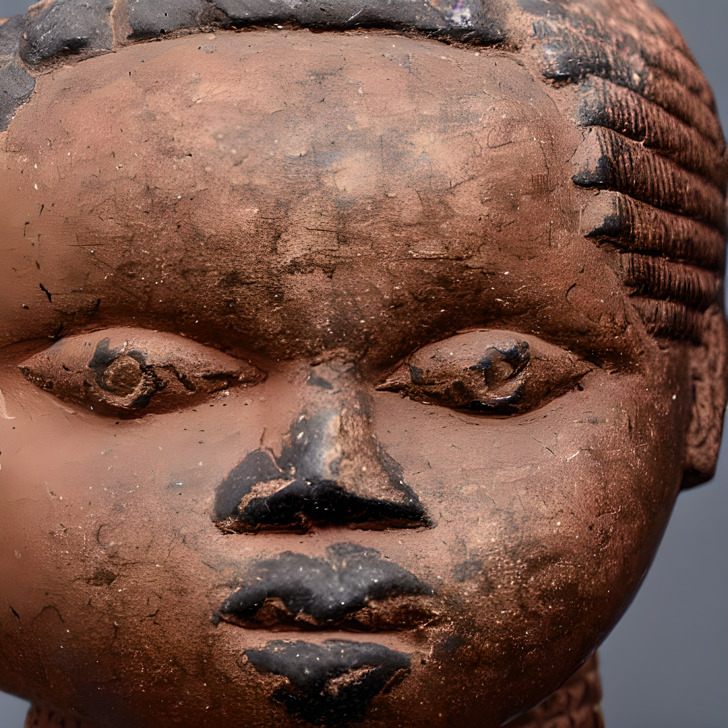 An AI-generated close up view of a sculpture showing a human face in what appears to be a terracotta material. The sculpture appears to be weathered a grayish brown color in patches.
