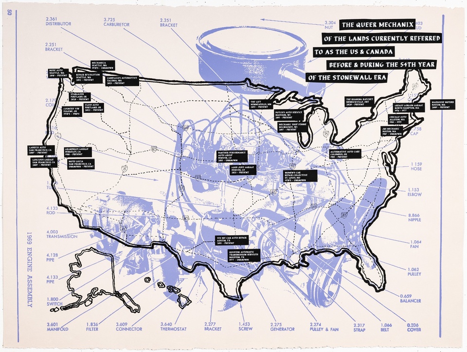 map of the U.S. with car engine superimposed and labels identifying locations of mechanic shops operated by queer people