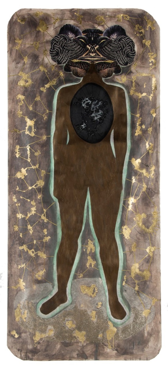 A brown, feminine figure with a head made of different images of braided Black hair and a glittering black oval on her back surrounded by golden constellations on a beige background.