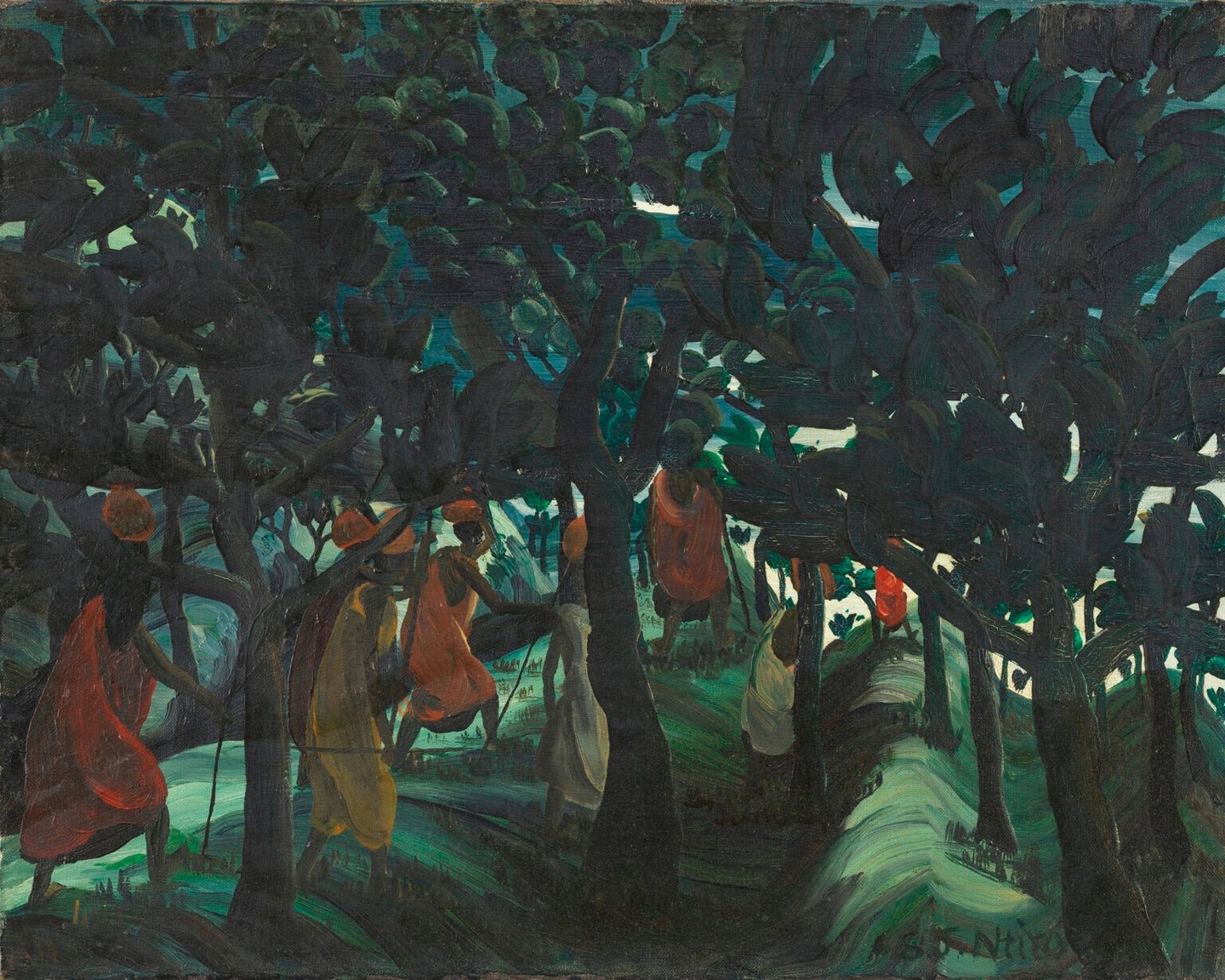 Sam Joseph Ntiro, “Men Taking Banana Beer to Bride by Night,” 1956. Oil on canvas, 16 1/8 x 20 inches. Museum of Modern Art, New York, Elizabeth Bliss Parkinson Fund. © Museum of Modern Art/Licensed by SCALA/Art Resource, NY. (Courtesy of American Federation of Arts)
