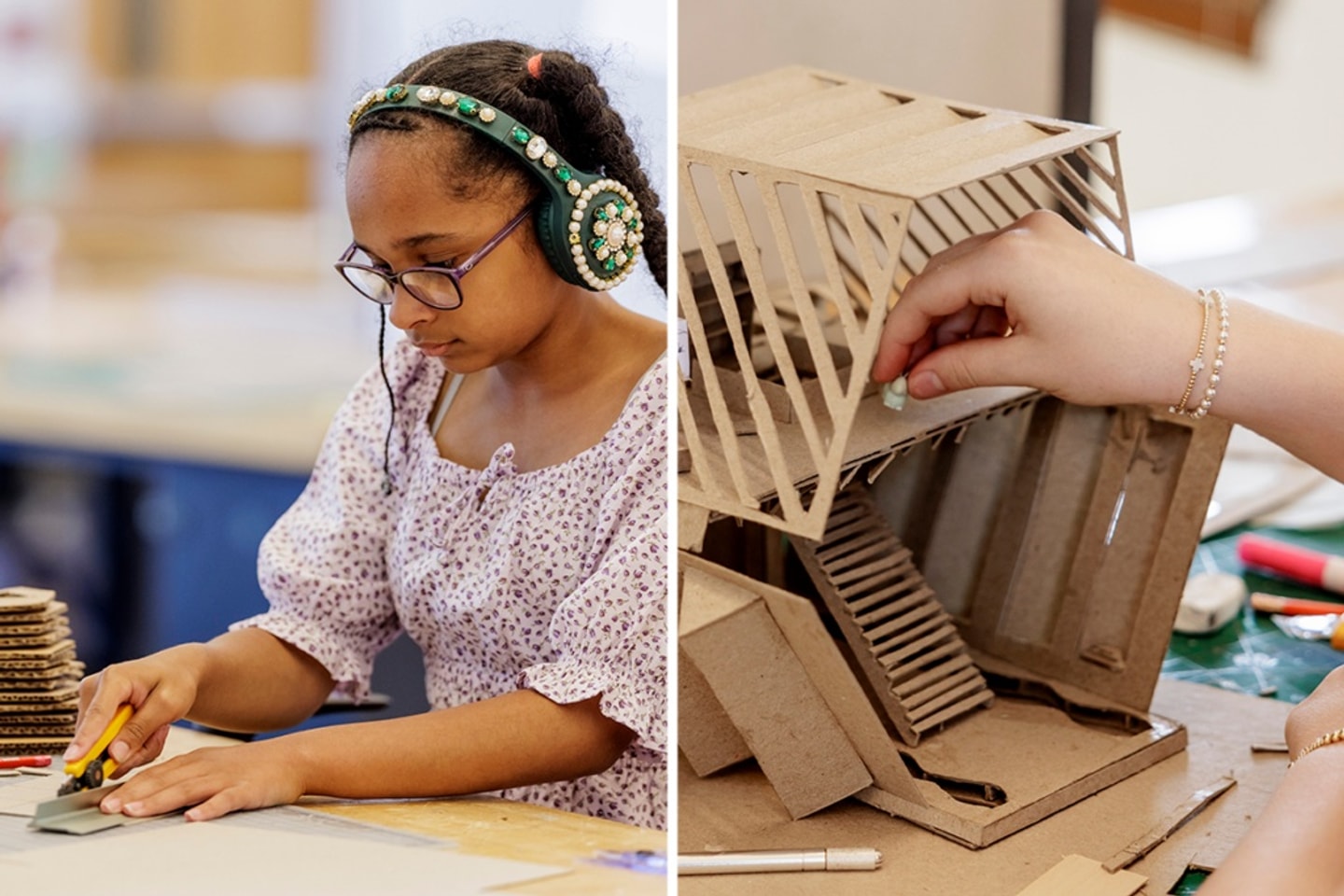 L: a girl building her model, R: close up of hands working on a model