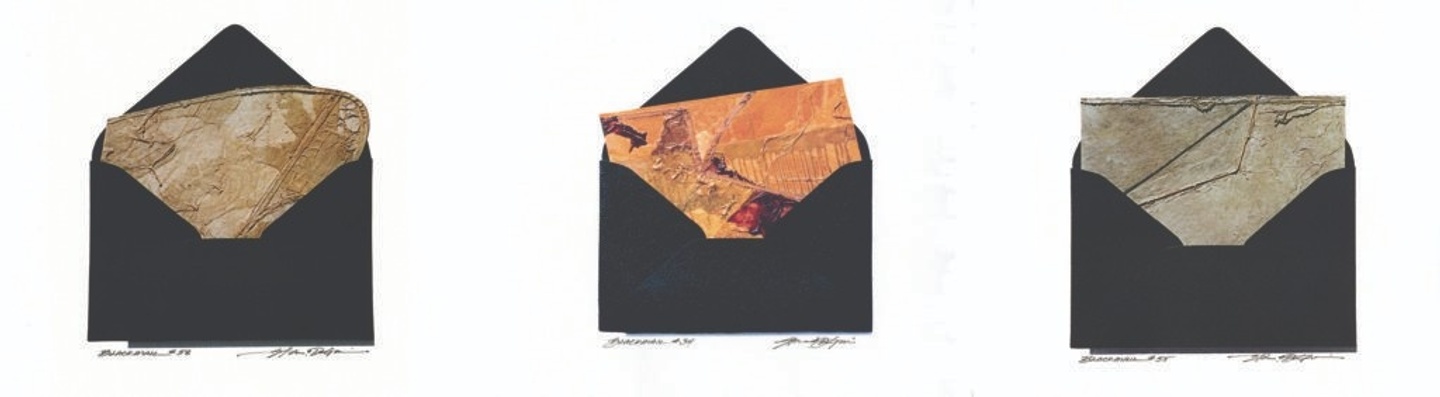 Three black envelopes with varying distressed paper contents