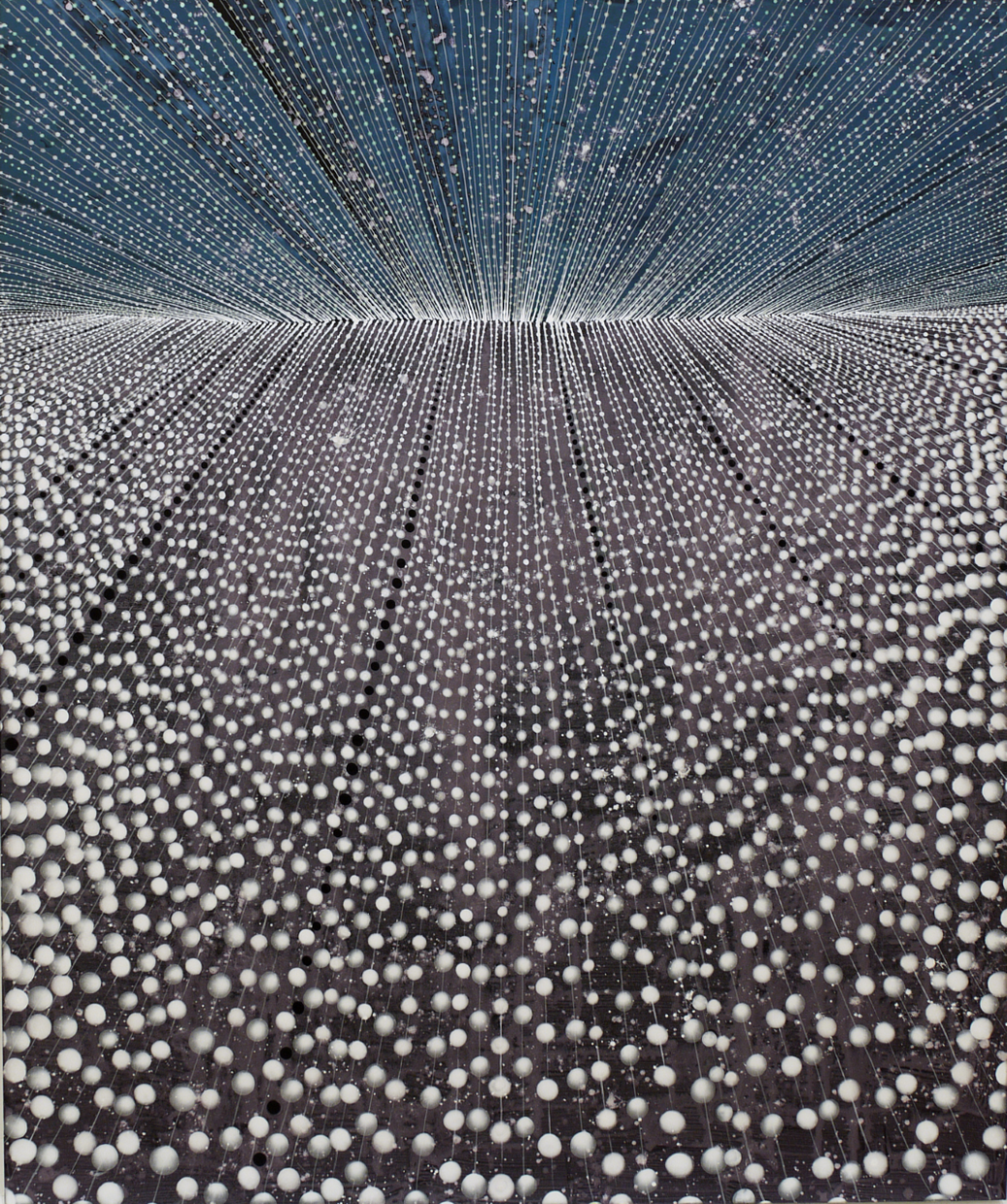 Strings of small, white spheres on a dark gray background stretch from the bottom of the image, growing smaller in the distance, meeting with similar strings on a blue background coming from the top of the image at a distant, bright, white point.