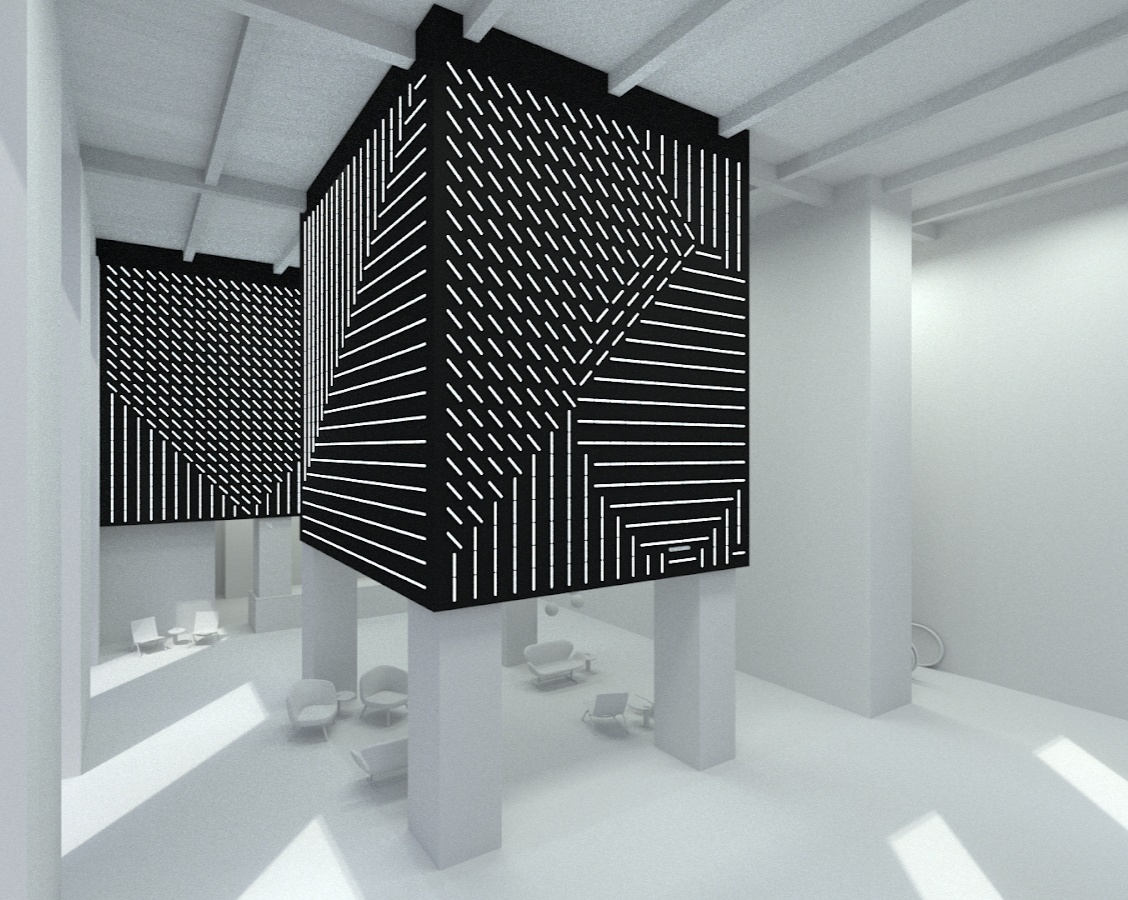 Render of black and white tickers, arranged overhead in cubes, showing abstract pattern.