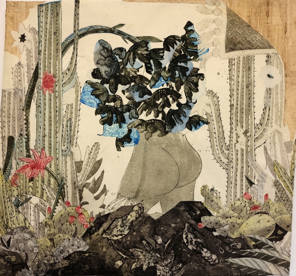 Monoprint collage representing the lower half of a human figure topped by black and blue flowers and flanked on either side by images of cacti