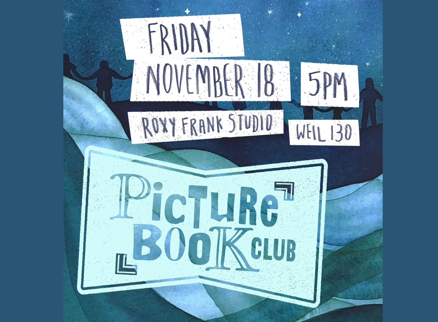 Blue poster with large text depicting PICTURE BOOK CLUB with venue and time information