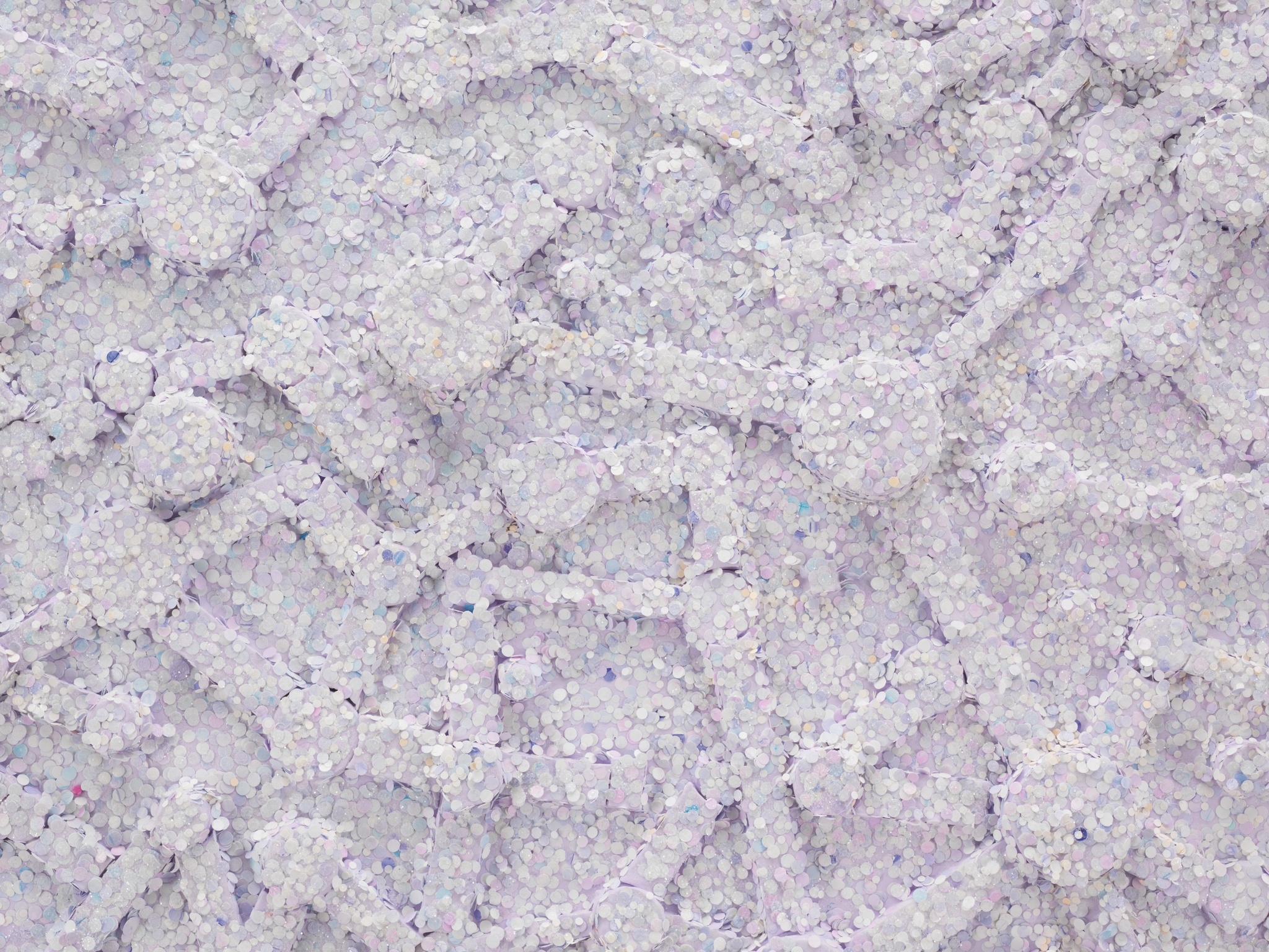 A close-up detail image of a purple abstract canvas with a textured surface including glitter and other elements