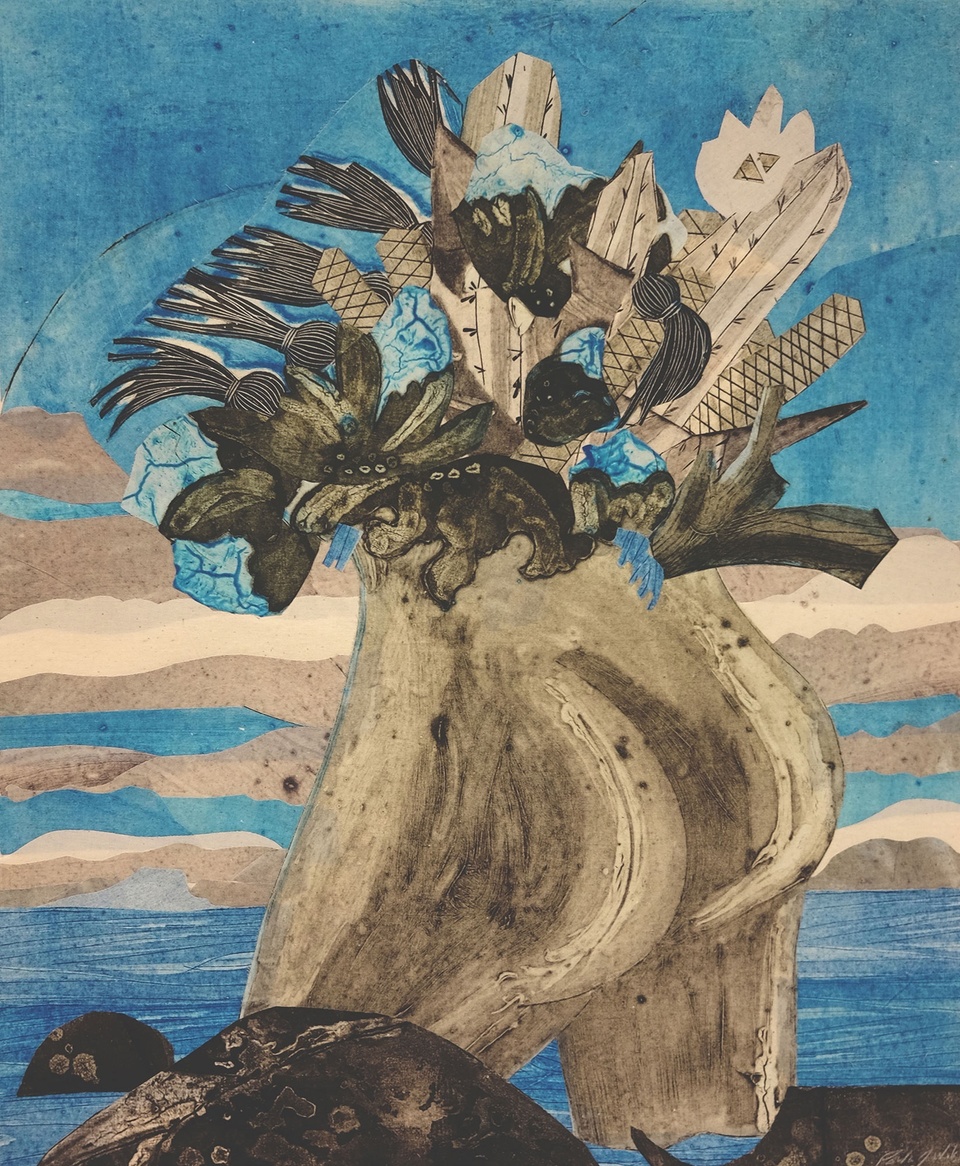 Image of lower half of a figure facing away and topped with flowers in front of a blue background