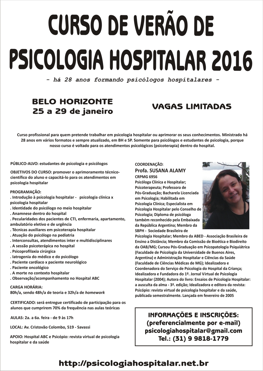 Curso de Verão de Psicologia Hospitalar em SP 2016