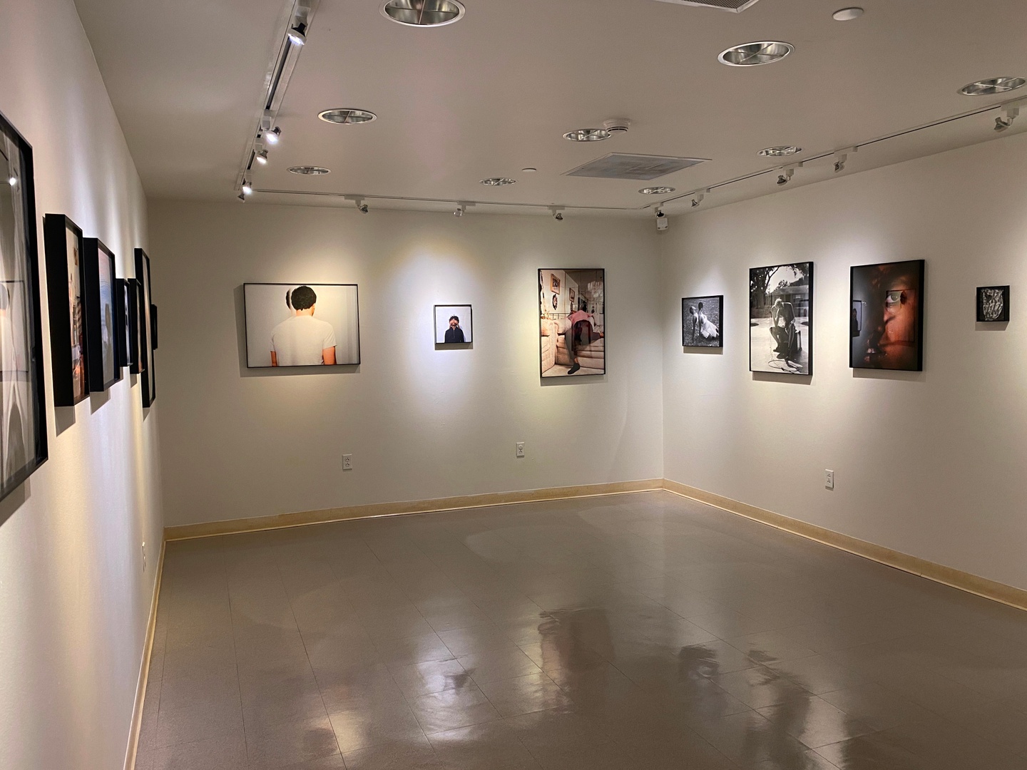 Gallery view of several portrait photographs, installed on three gallery walls.