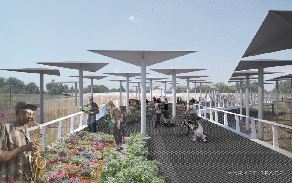 Rendering showing people on a path. 