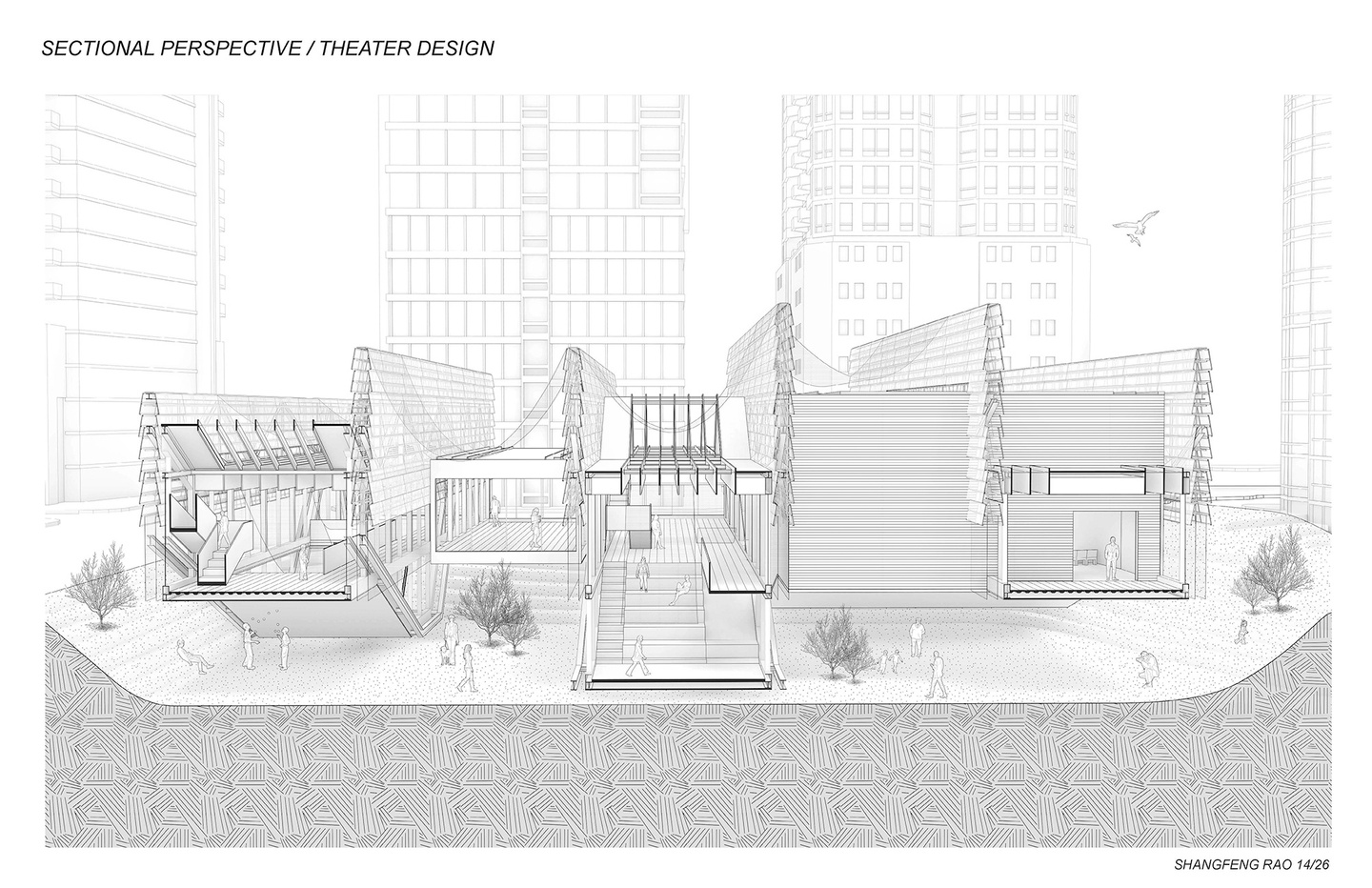 Black-and-white sectional perspective drawing of a theater.