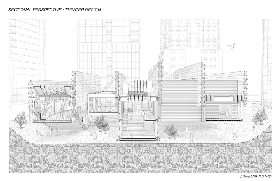 Black-and-white sectional perspective drawing of a theater.