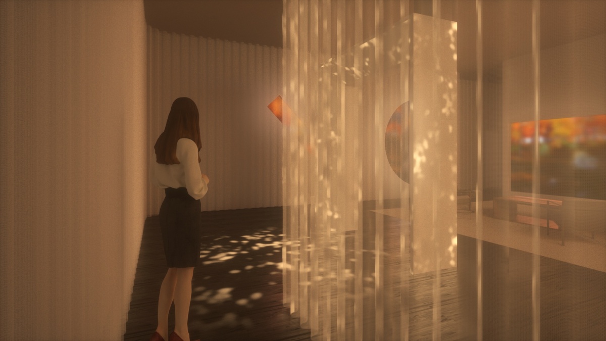 Woman standing in a ethereal-looking room with soft warm lighting, beside a translucent partition wall which allows us to see slivers of screens and technology beyond