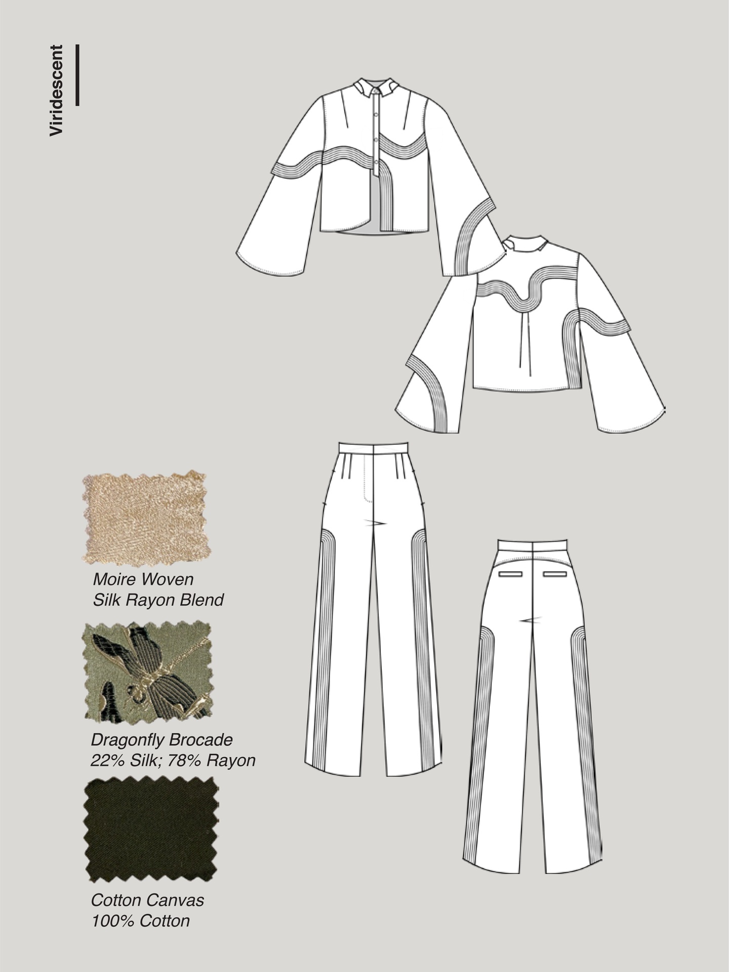 Fashion design garment construction illustration of a top with wide sleeves and bands of detailing and trousers with a high slit on each leg. Three fabric samples are included to the right - a beige Moire Woven Silk Rayon Blend, a green Dragonfly Brocade, and a dark green Cotton Canvas.