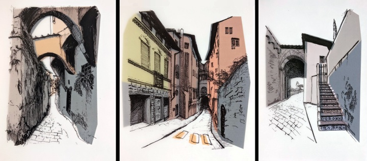 Tryptic of black pen drawn Italian streetscapes with colorblocking behind