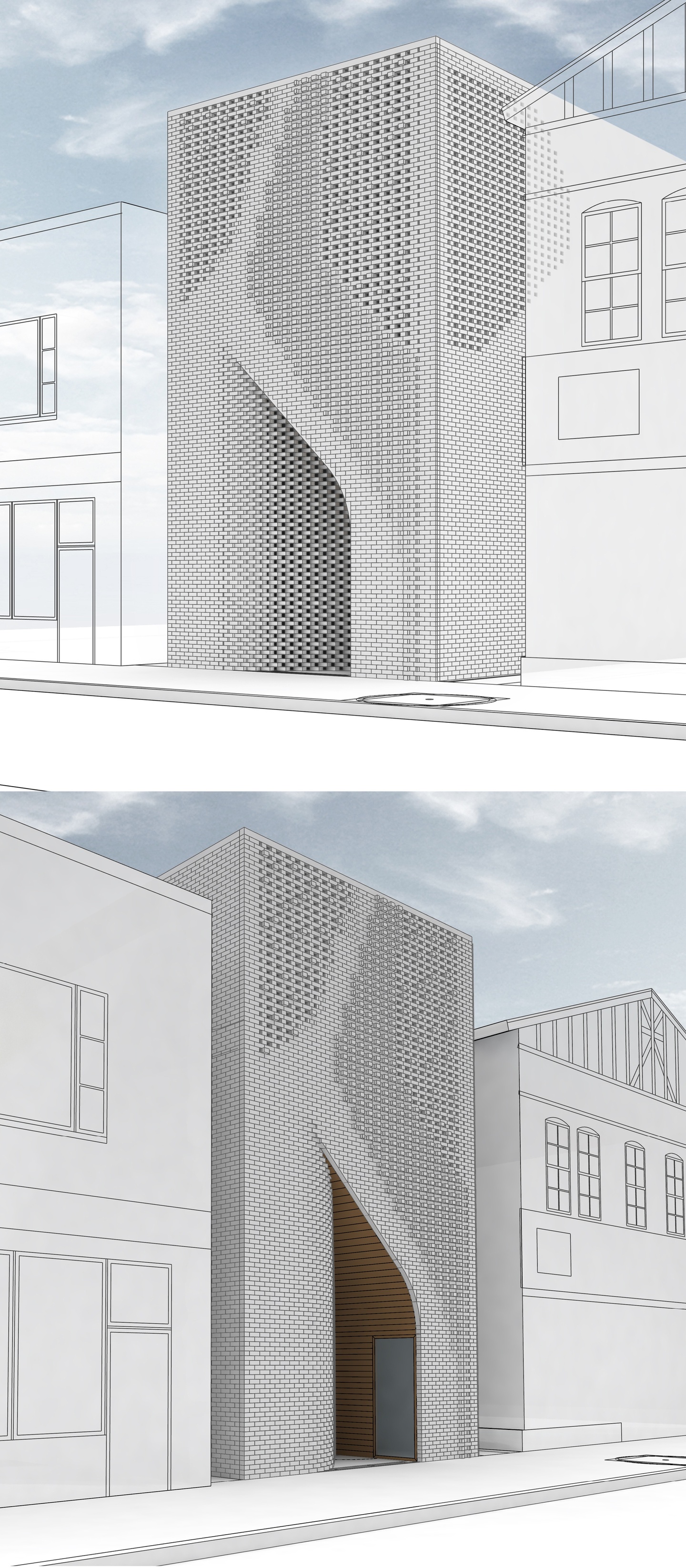 Two perspectives of the same facade along the street showing perforations and an entry