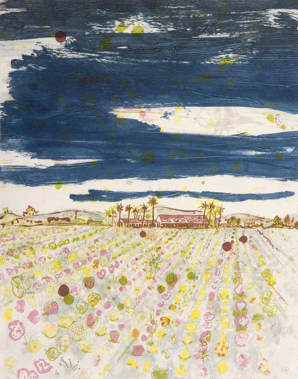 Image of a landscape made of violet and yellow flowers below a medium blue and white sky