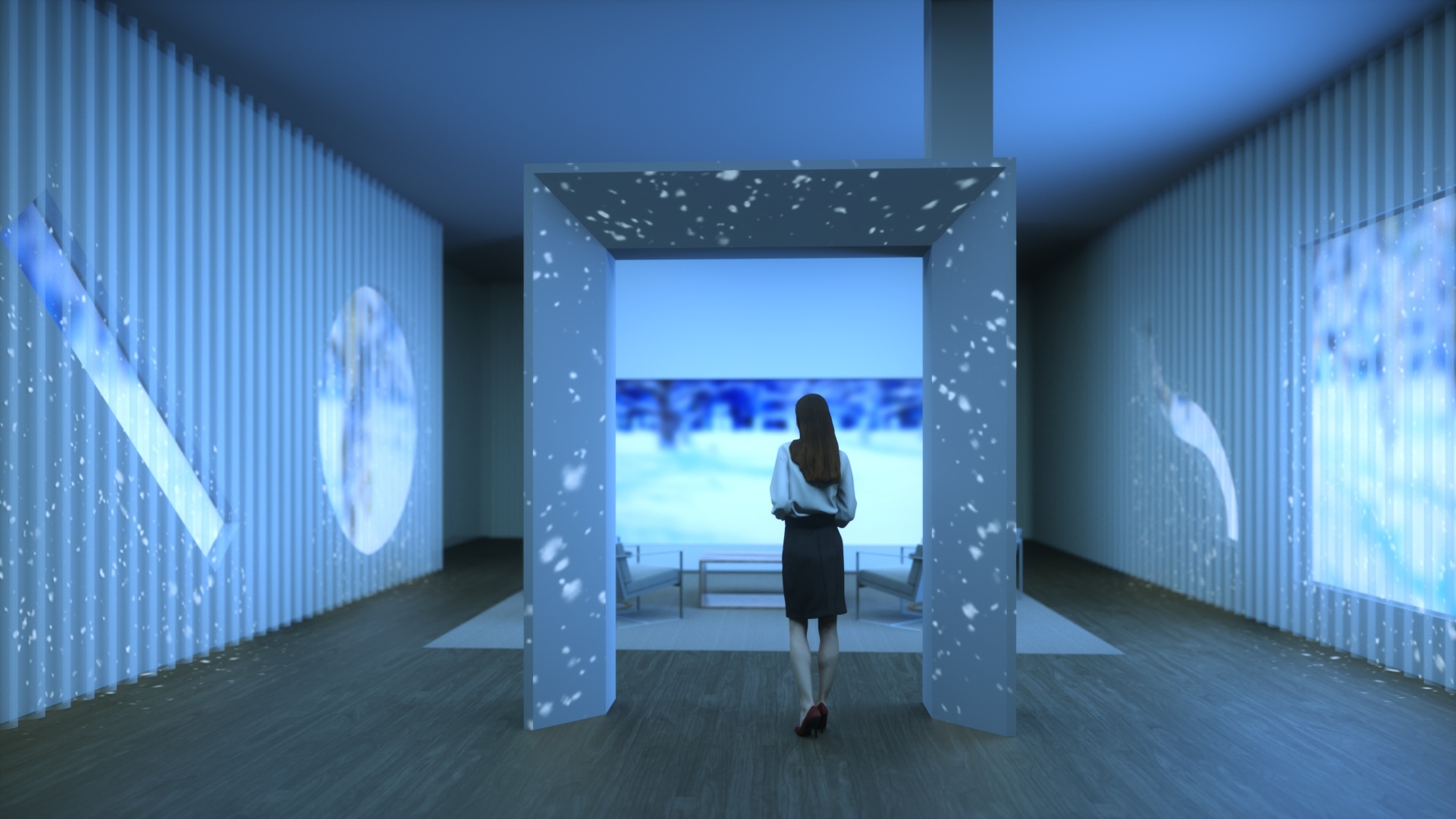 Render of woman standing under a geometric archway within the luxury experience center, lit with dim, blue light, with "windows" to animated nature around the room