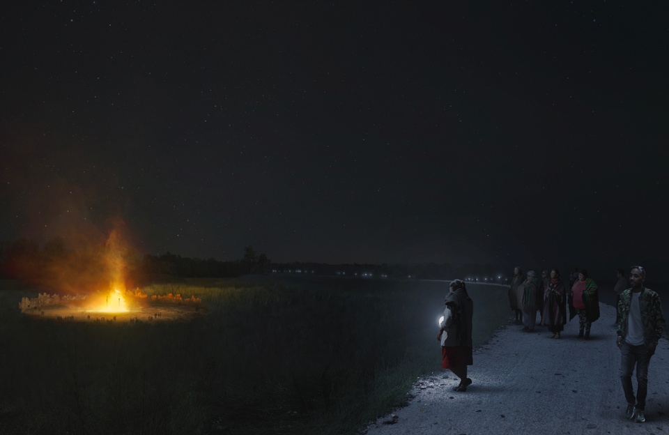Rendering showing a group of people on a path looking at a fire in a field at night. 