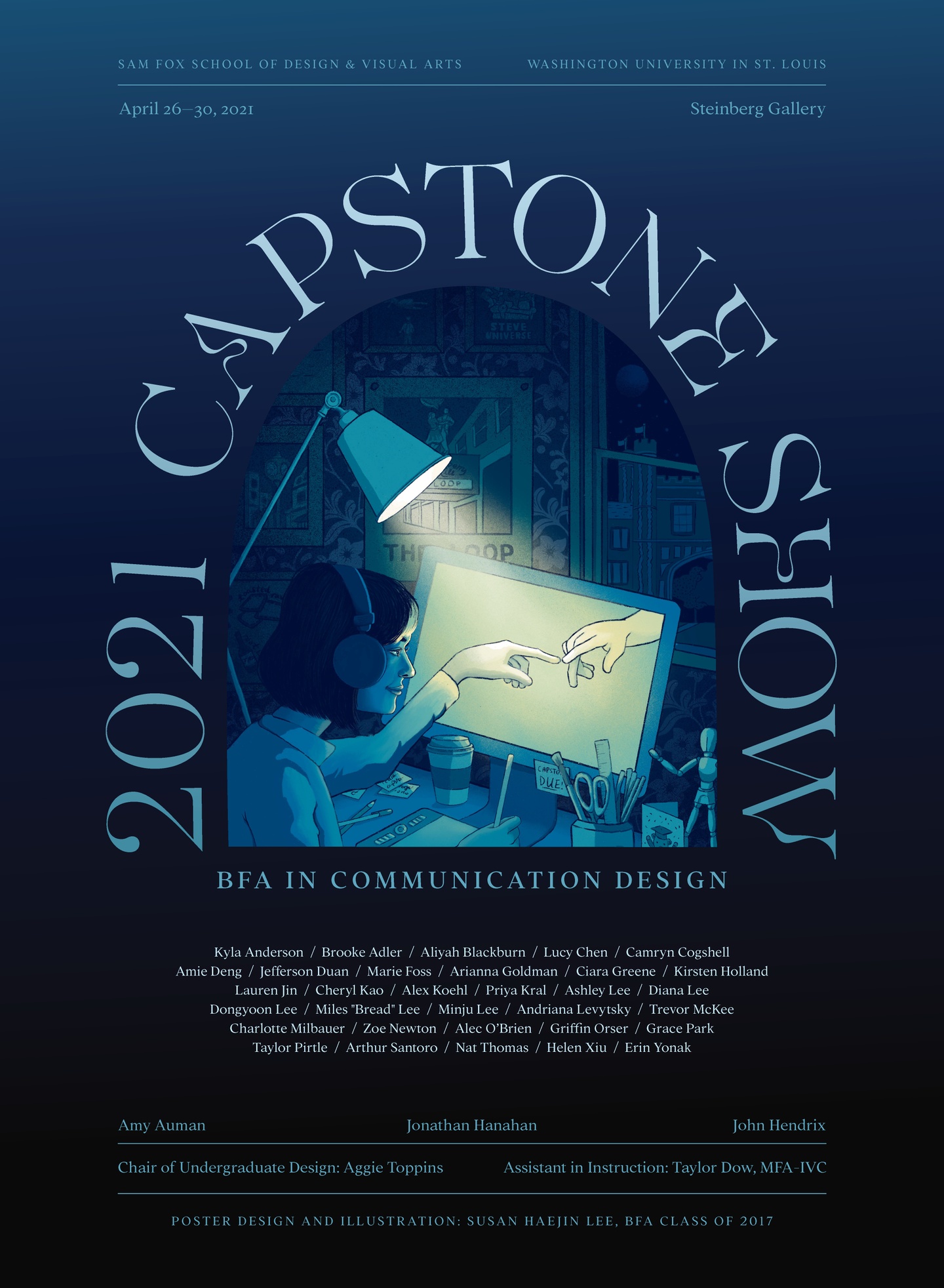 Dark blue poster design reading "2021 Capstone Show" with a vignette illustration of a person working at night at a computer, reaching through the computer screen to touch another person's hand.