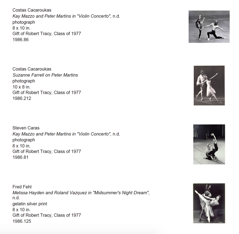 A checklist with artwork information on the left and thumbnail images of black and white dance photographs on the right.