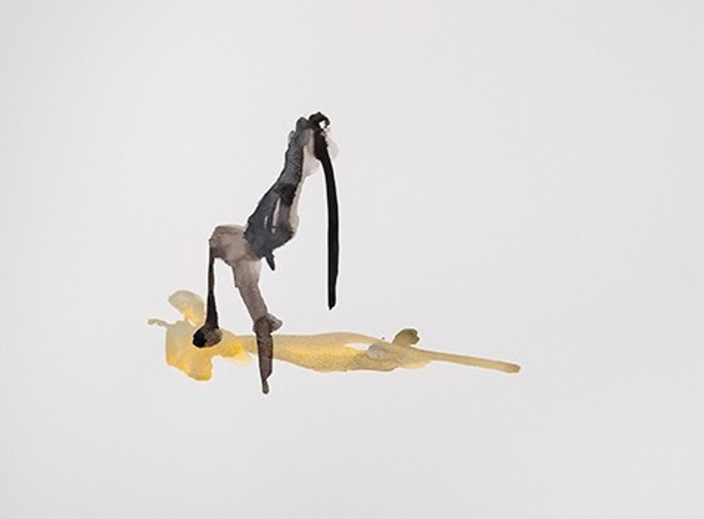 An abstract artwork on paper by Arny Nadler featuring a dark grey, spindly biomorphic figure standing over a translucent horizontal yellow wash against a plain white background