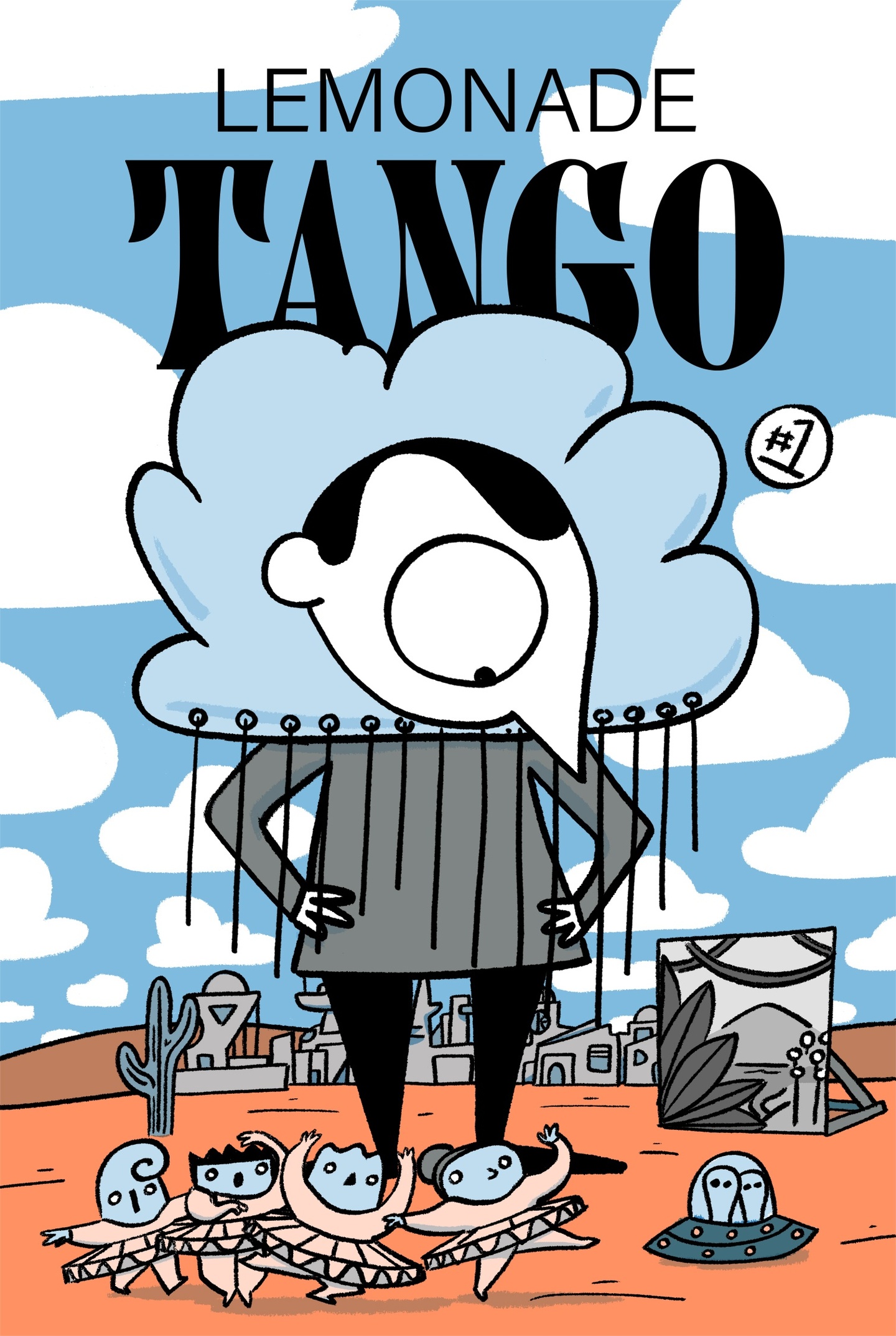 LEMONADE TANGO book cover depicting an illustrated man in a fluffy collared shirt looking down on smaller dancing people and aliens in a spaceship
