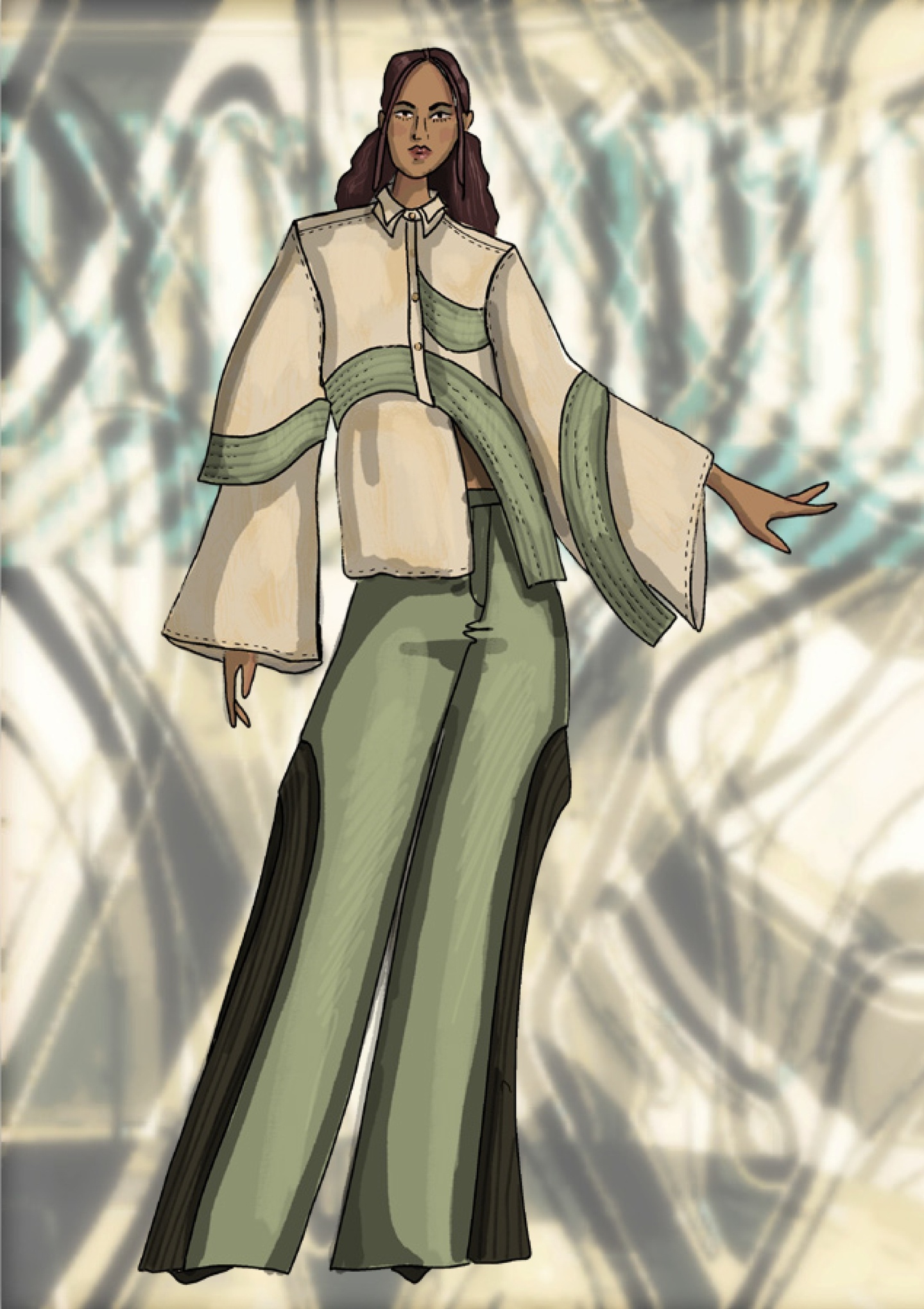 Fashion design illustration of an asymmetrical cream top with wide sleeves and green bands of detailing with wide-leg green trousers.