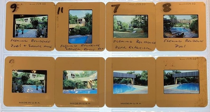 Grid of eight overhead projector slides of architectural images with notations marked up on the edges.