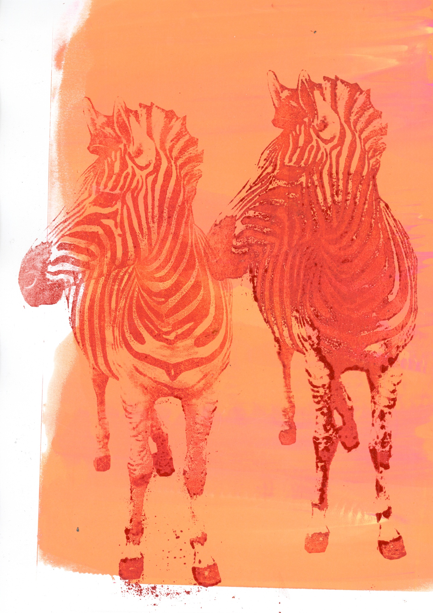 A print of two zeebras, side by side in orange with lighter orange background