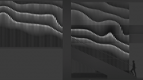 Diagram of person walking up stairs, with black and white waves moving upward. 