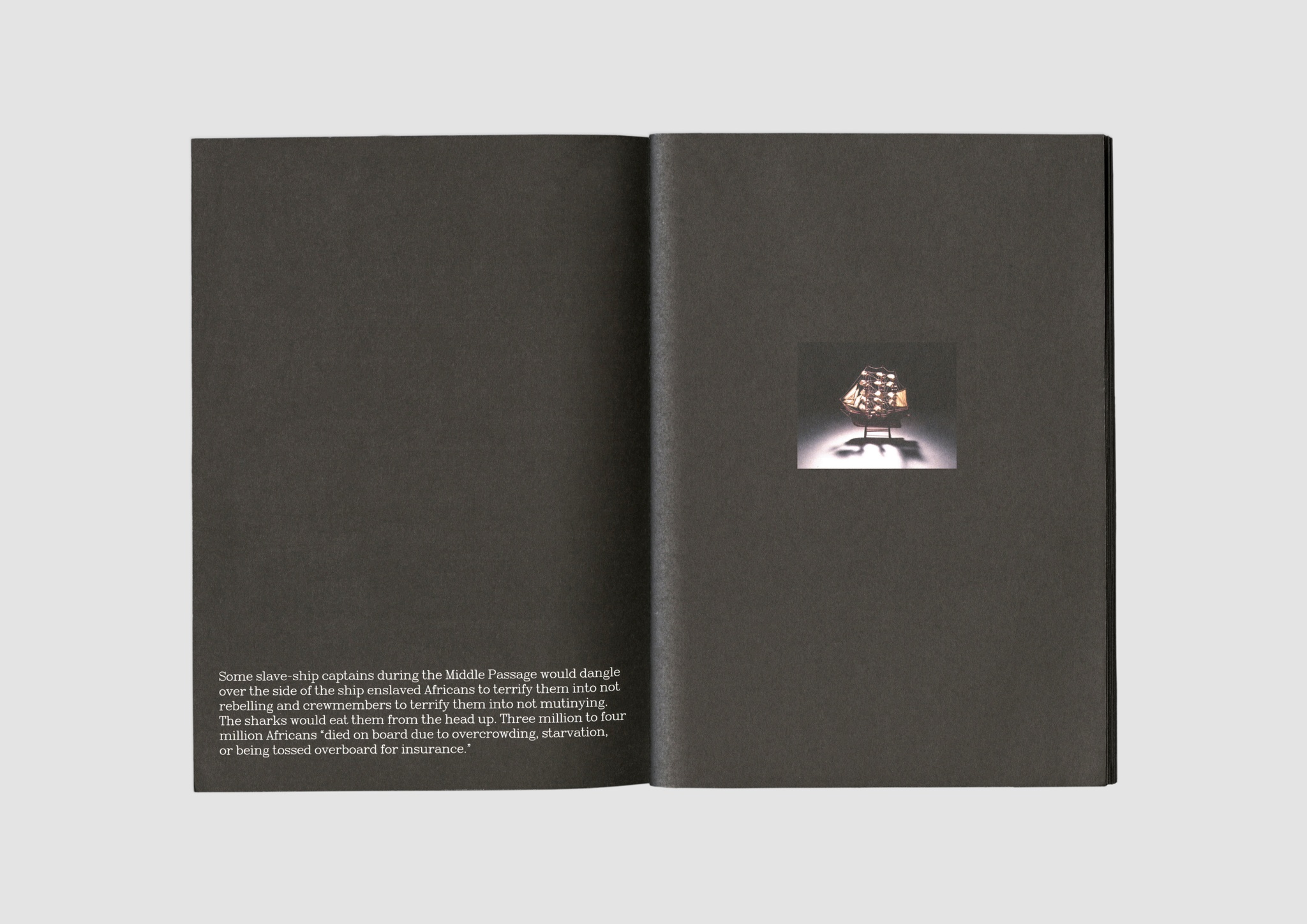 A spread of the catalogue "Howardena Pindell: Rope/Fire/Water" with black pages. On the left is several rows of text at the bottom of the page. On the right is a small square image of a 18th-century ship at the center of the page. 