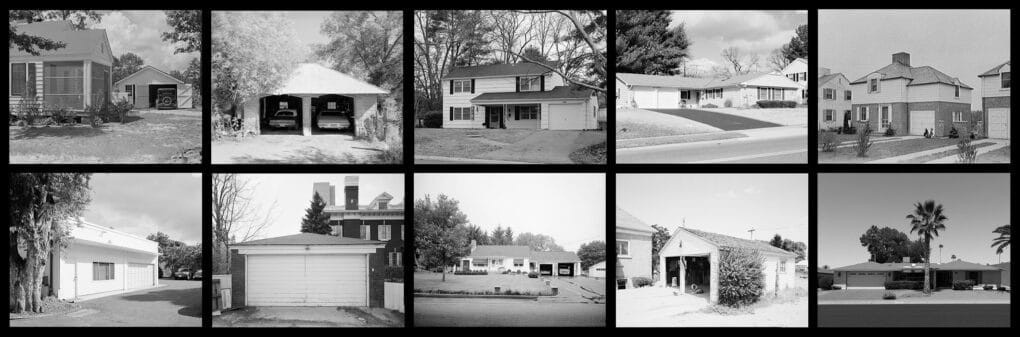 A compilation of 10 black and white images of garages