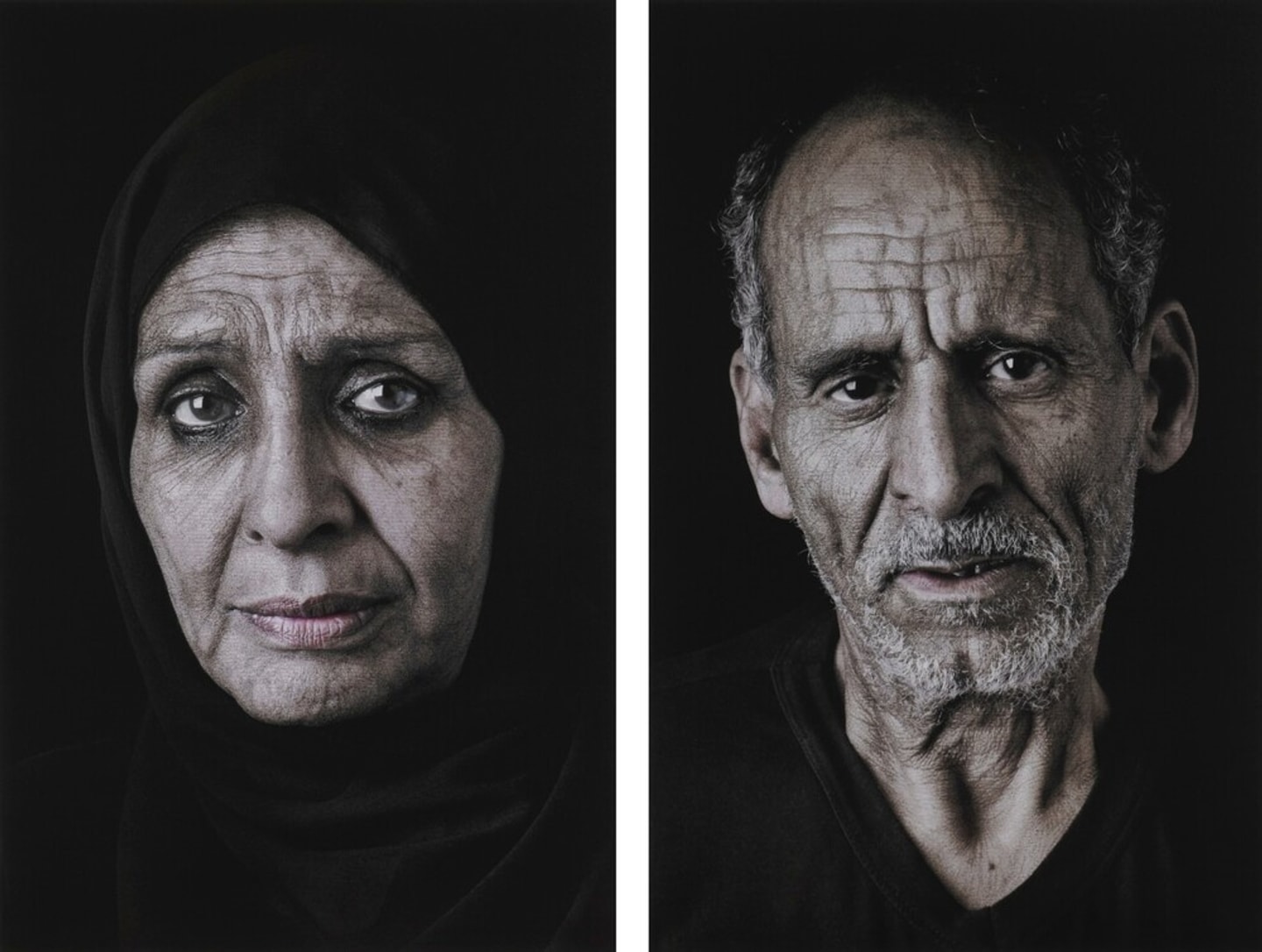 Two digital pigment prints depicting portraits of Ghada and Sayed, with each a close up of subject’s face, presented in Shirin Neshat’s signature black-and-white photographic style, with a very dark background.