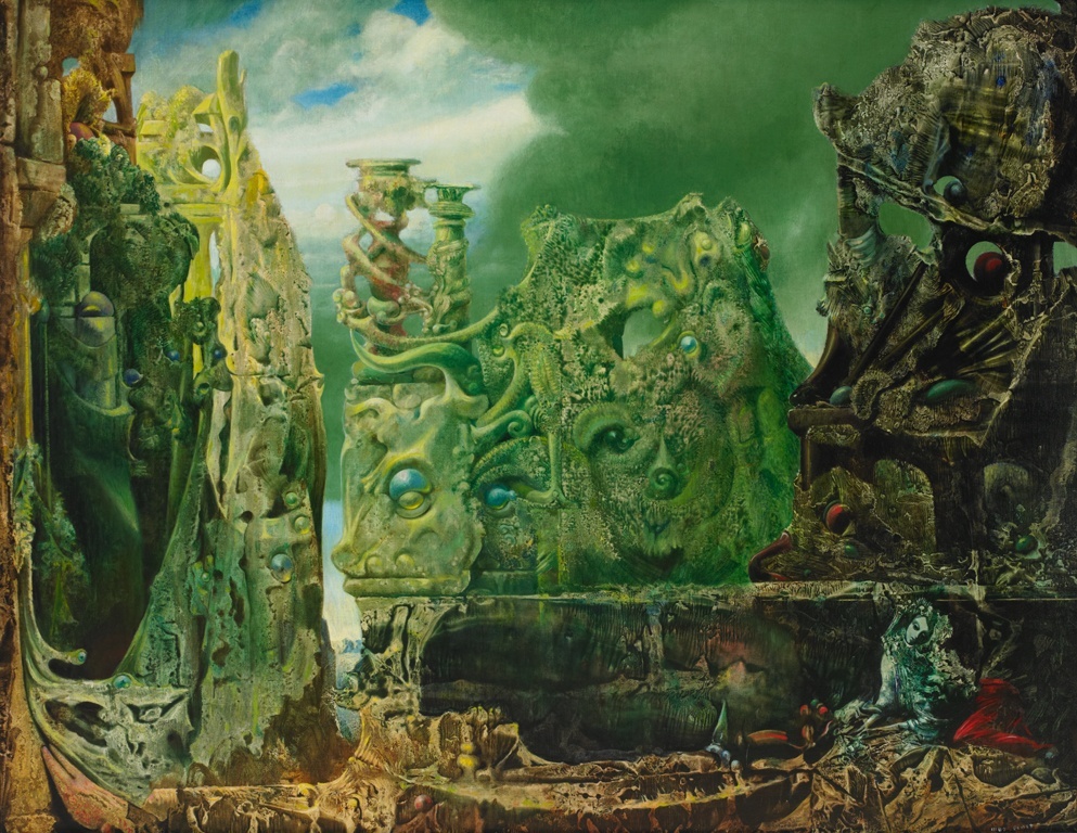 A surrealist landscape with fantastical green rock formations and a sphinx-like figure in the lower right corner
