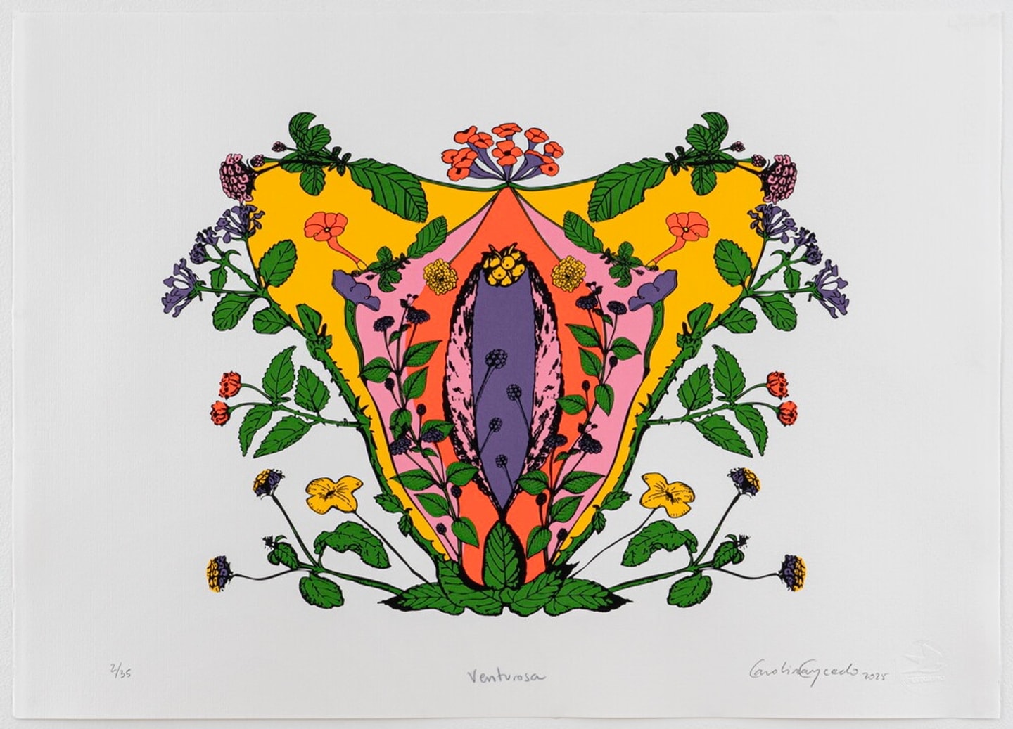 A symmetrical botanical composition featuring a central purple, elongated form surrounded by colorful flowers, leaves, and vines against a white background.