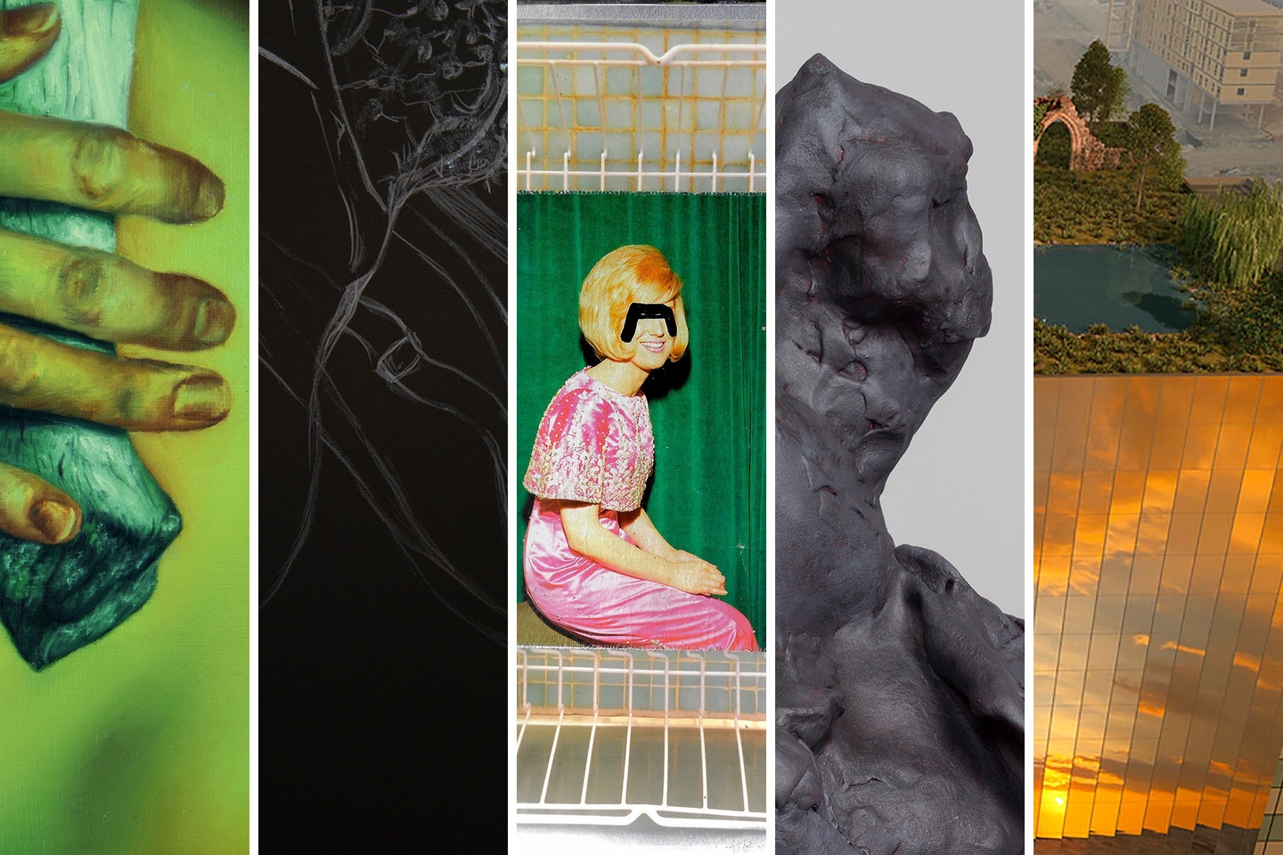 Five-panel image, featuring details of distinct artworks