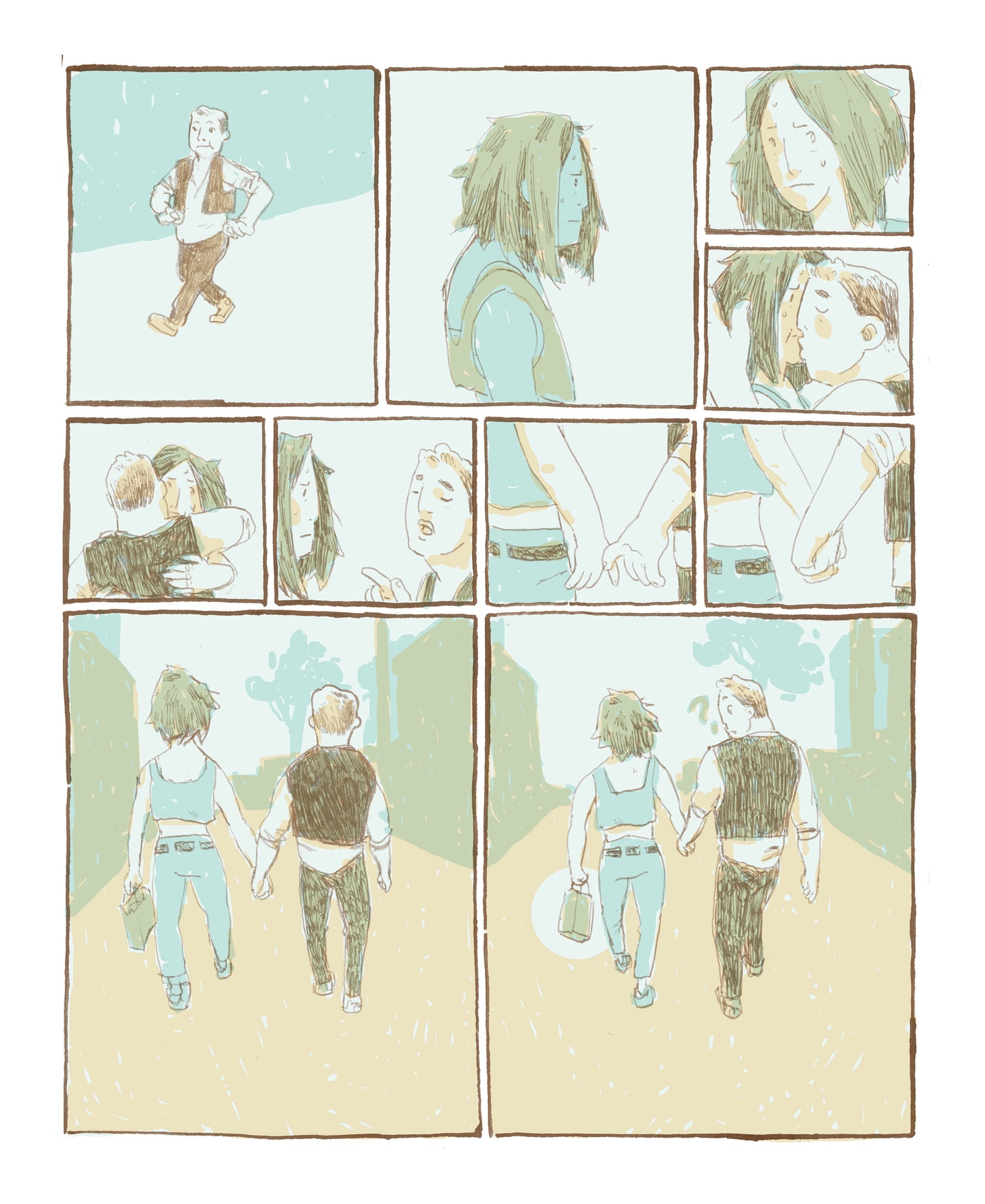 Comic page - the person in the tank top and the person in the vest meet, kiss, hold hands and walk away together.