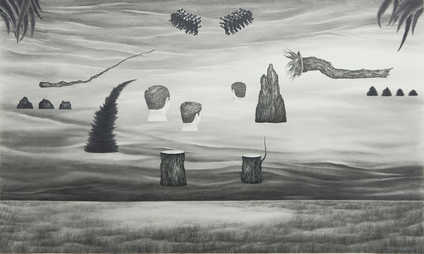 Graphite on paper drawing of three heads poking out of water, with a few trees.