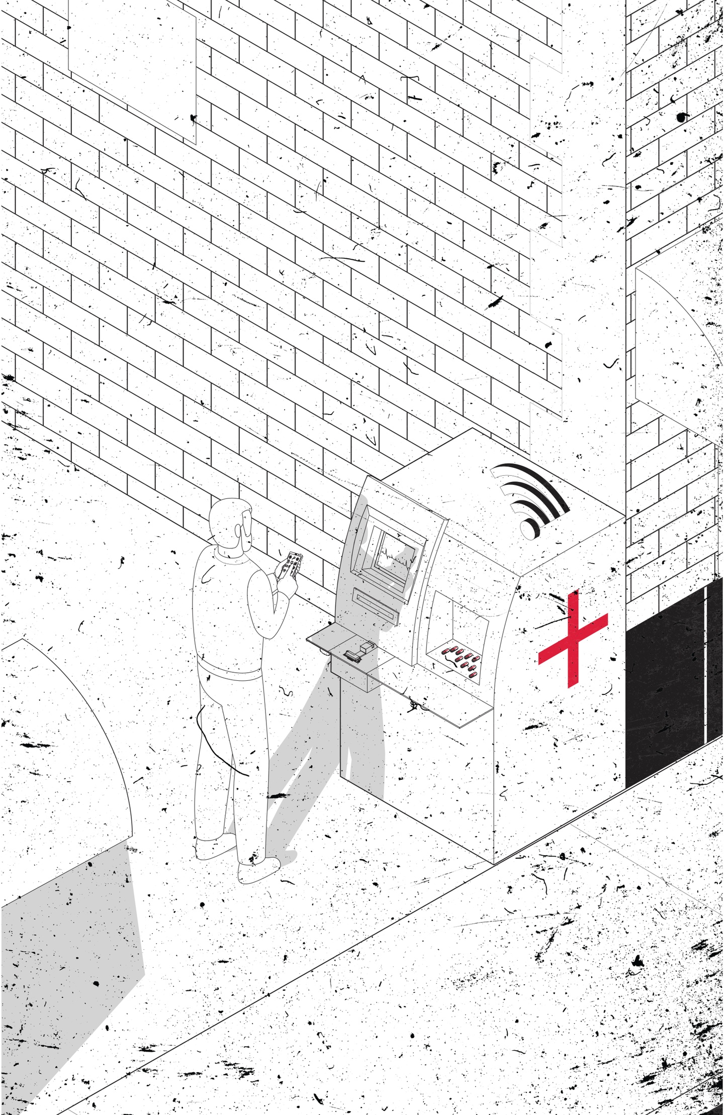 Close up on drawing of a person using the ATM in the alleyway with their phone.