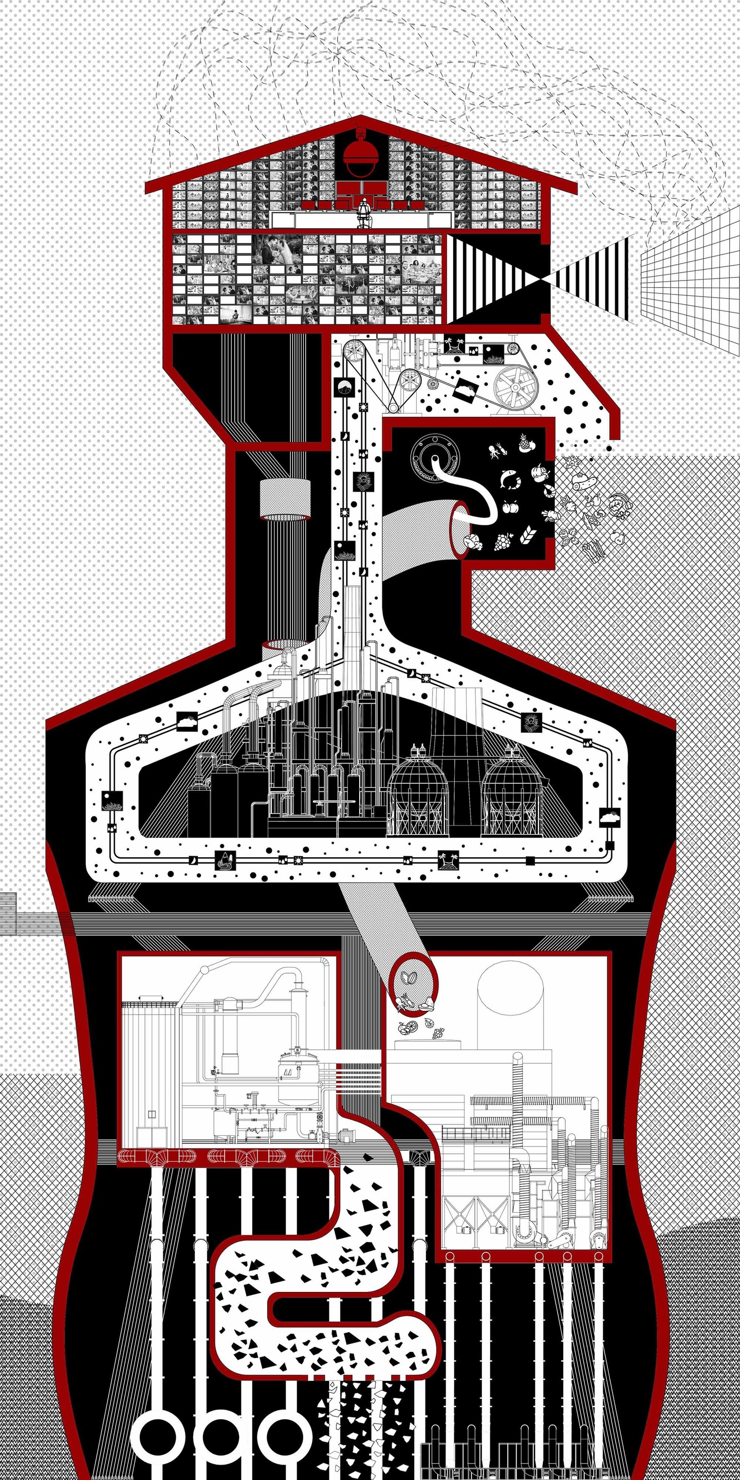 Section drawing of a multi-level structure, shaped like a human figure, delineating a process of production from the mind down through the body.