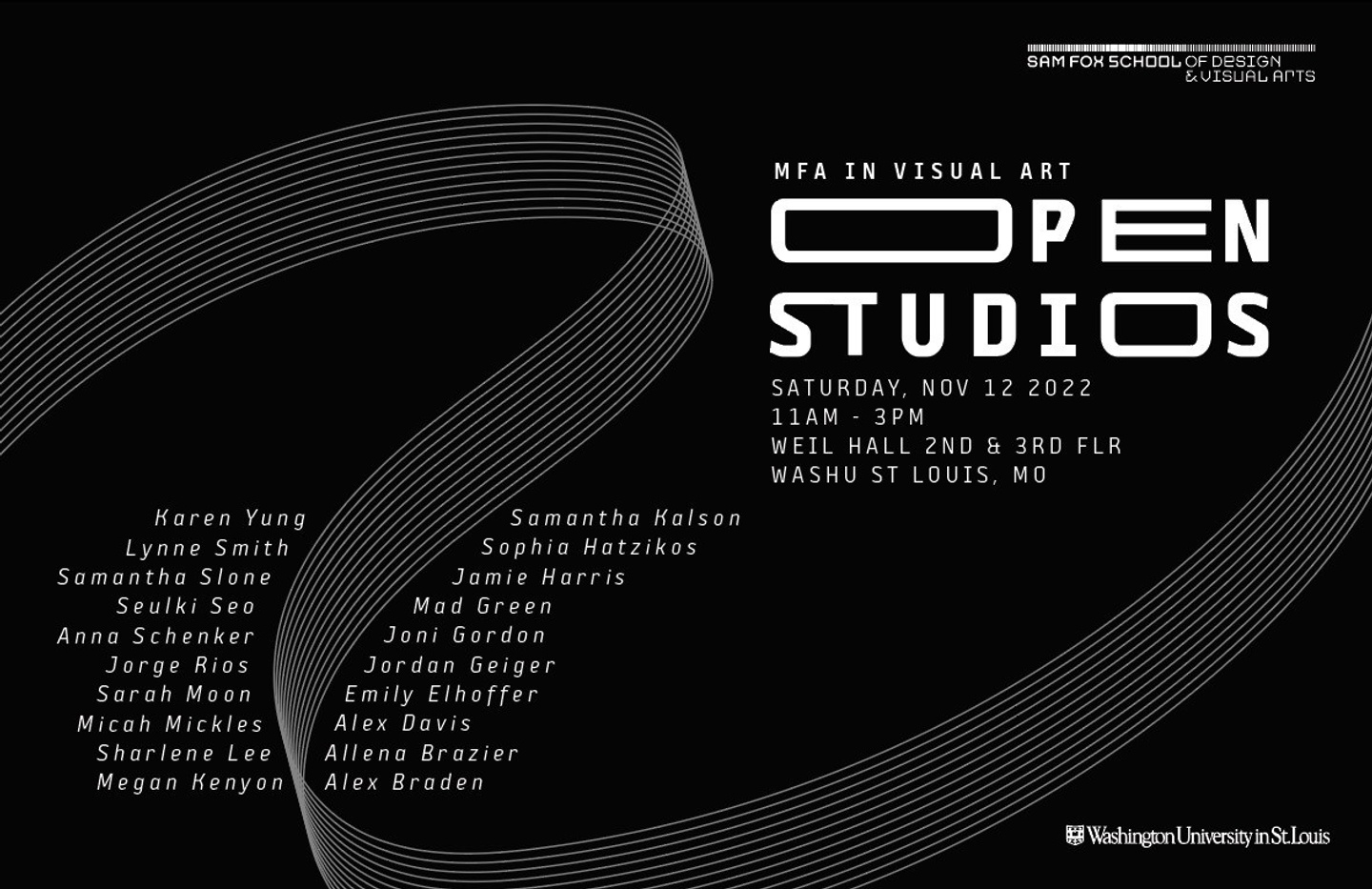 Black poster with 'OPEN STUDIOS' in large bold font with details on venue, date and location