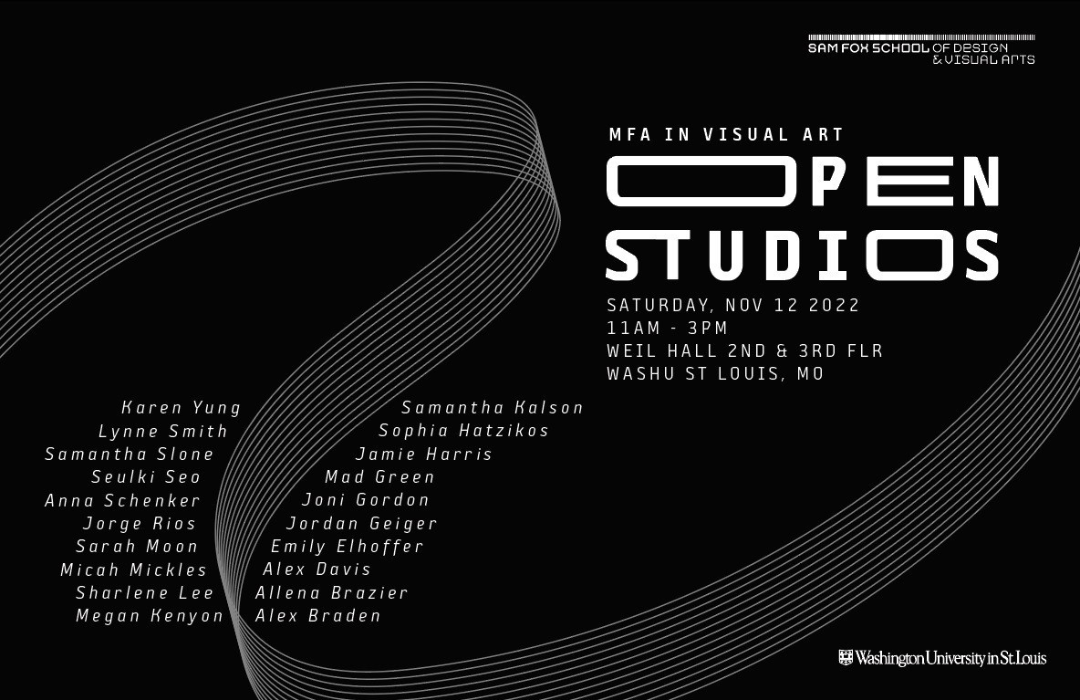 Black poster with 'OPEN STUDIOS' in large bold font with details on venue, date and location