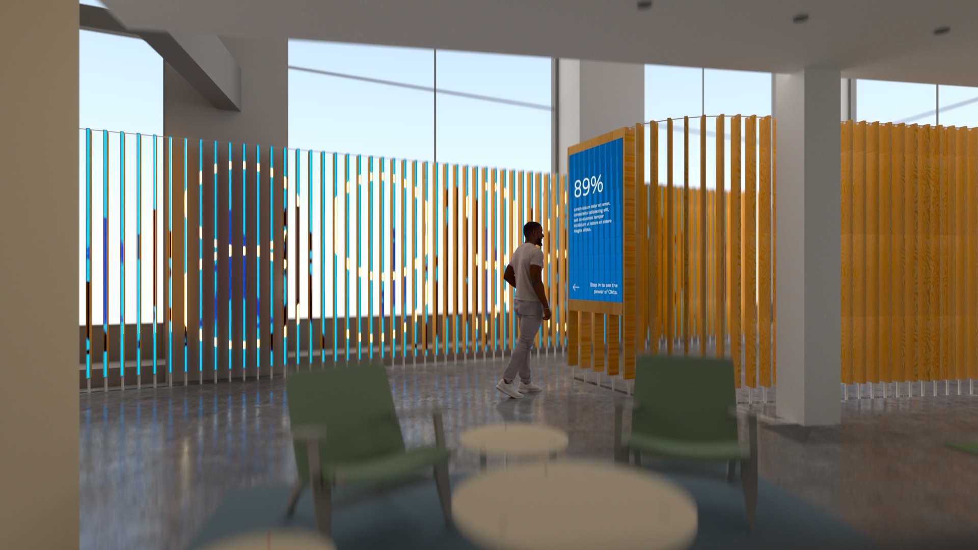 Render of man looking at an active screen on the installation while the vertical LED fins display the number "89%" on the far wall