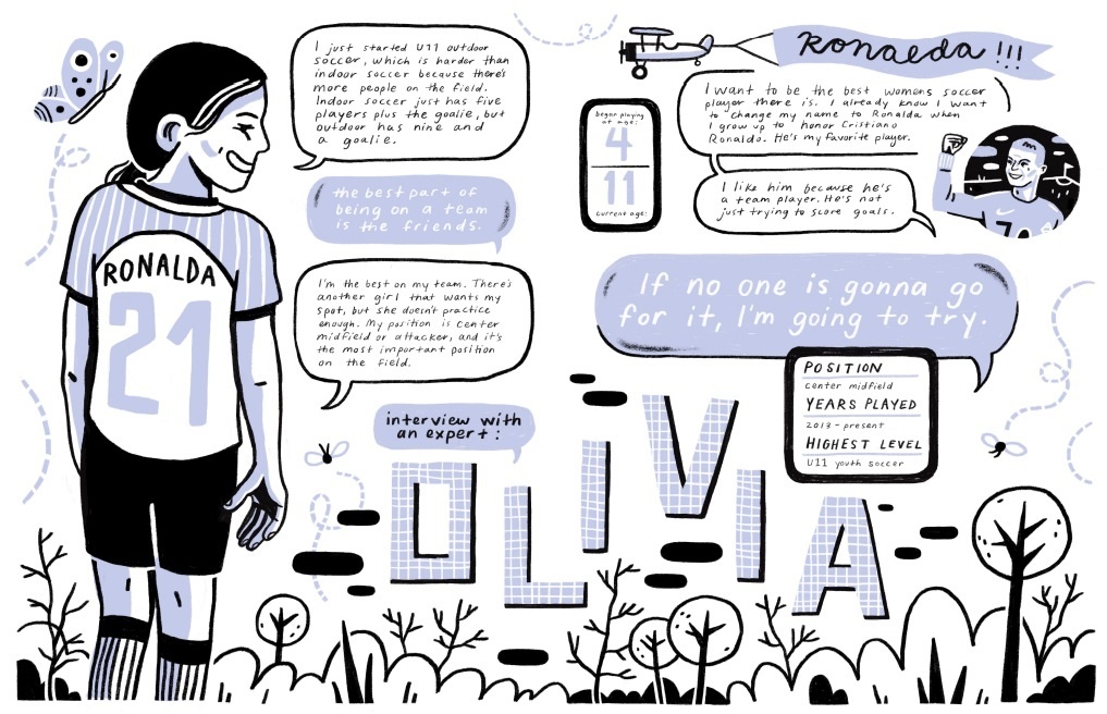 Page spread illustration titled "interview with an expert: OLIVIA" of a girl with a RONALDA soccer jersey with speech bubbles describing her history with soccer. On the left a small illustration of Cristiano Ronaldo