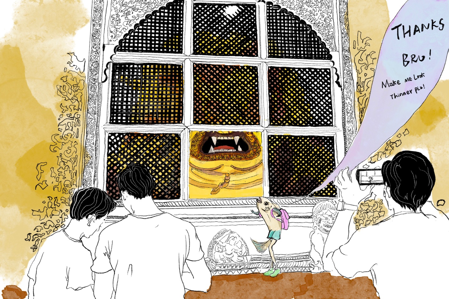 Ink and watercolor drawing of a group of people taking photos of a screen in a temple, while a cartoon fish wearing a backpack poses and says "Thanks bro! Make me look thinner plz!"