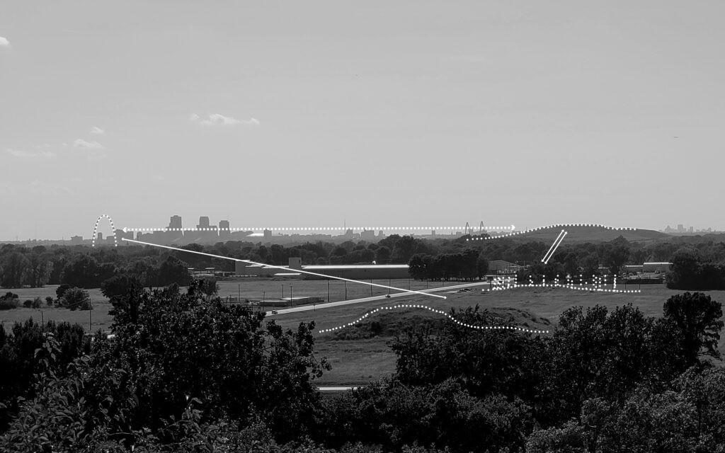 Landscape photograph with the St Louis Arch, Cahokia Mounds and Milam Landfill in view and connected with white lines